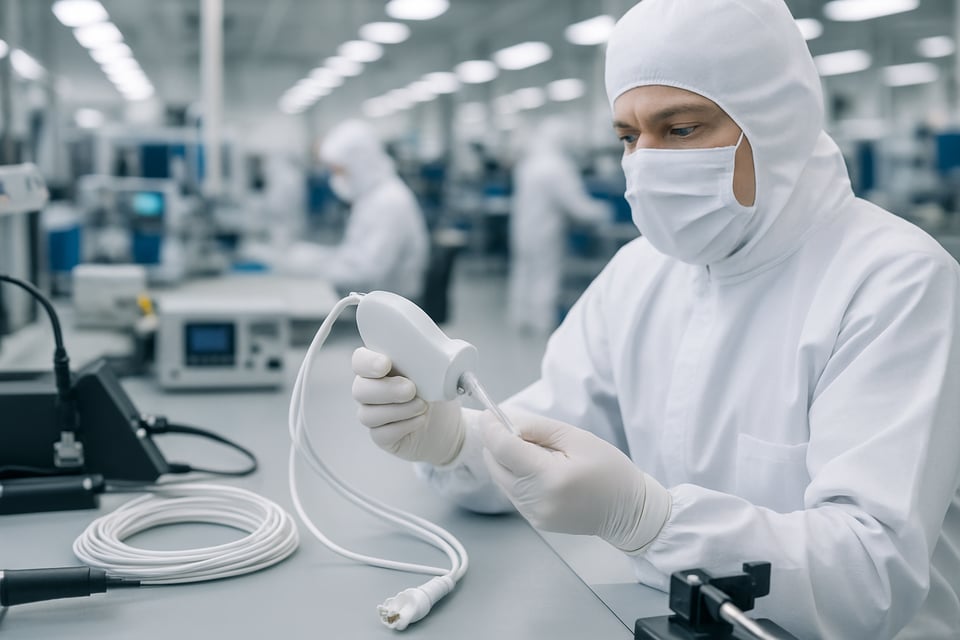 A closeup photo of a cleanroom manufacturing floor with a technician in a lab coat inspecting or assembling a medical device preferably showing equipment or instruments related to wiring cable assemblies or testing More technicians and workstations c-1