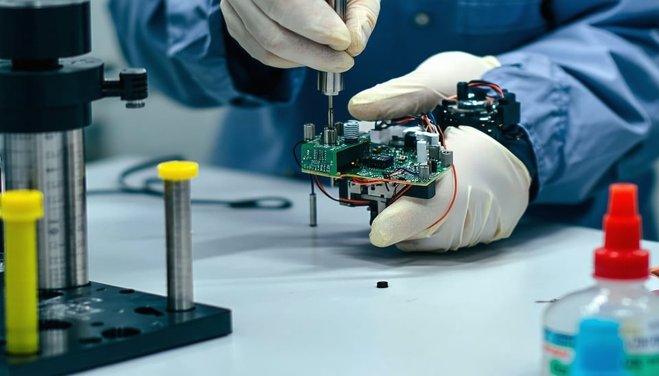 close up of a manufacturing workstation showing a worker assembling an electromechanical medical device