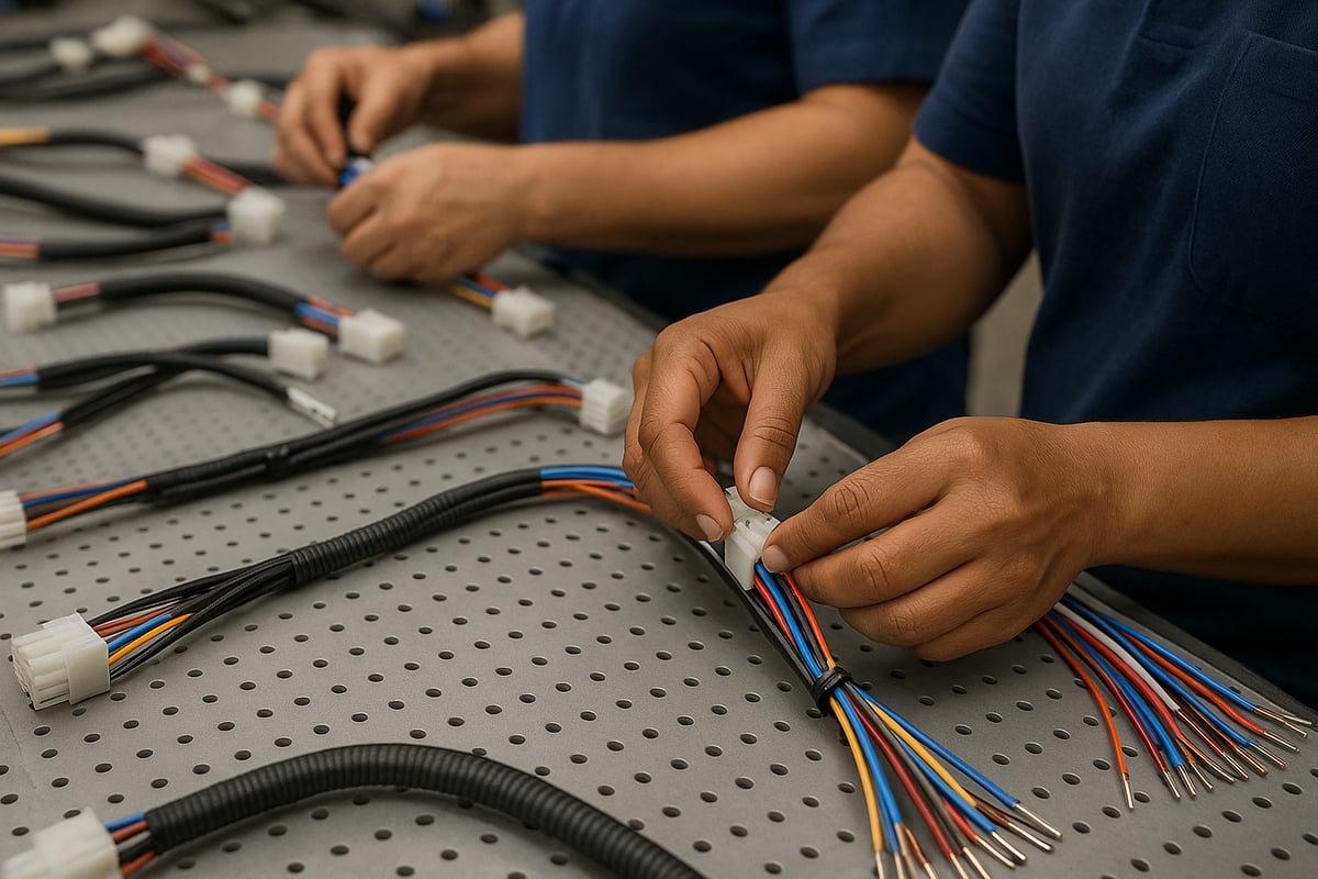 close up of factory workers hands at a workstation manufacturing cable and wire harness assemblies
