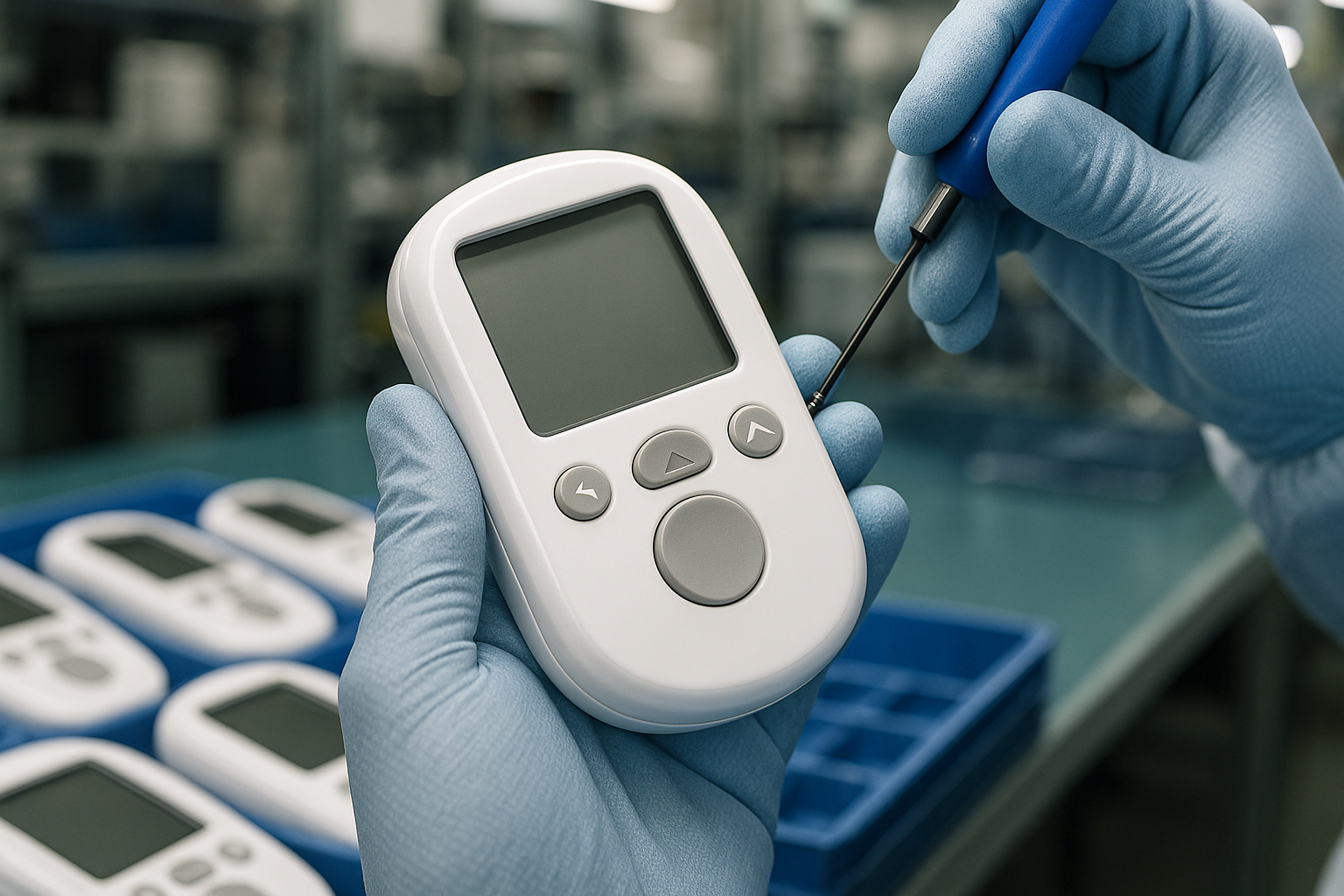 closeup of a handheld electronic medical device being assembled at a manufacturing facility