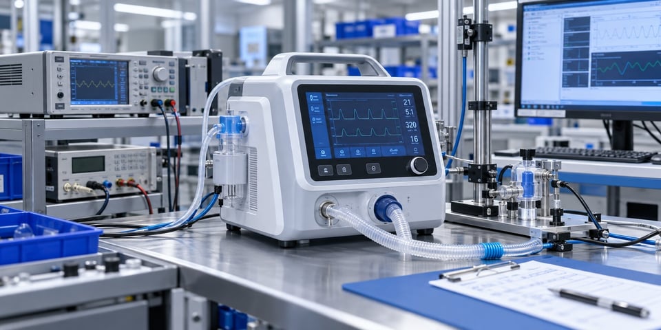 Finished electromechanical medical device undergoing functional testing at a medical device manufacturing test station.