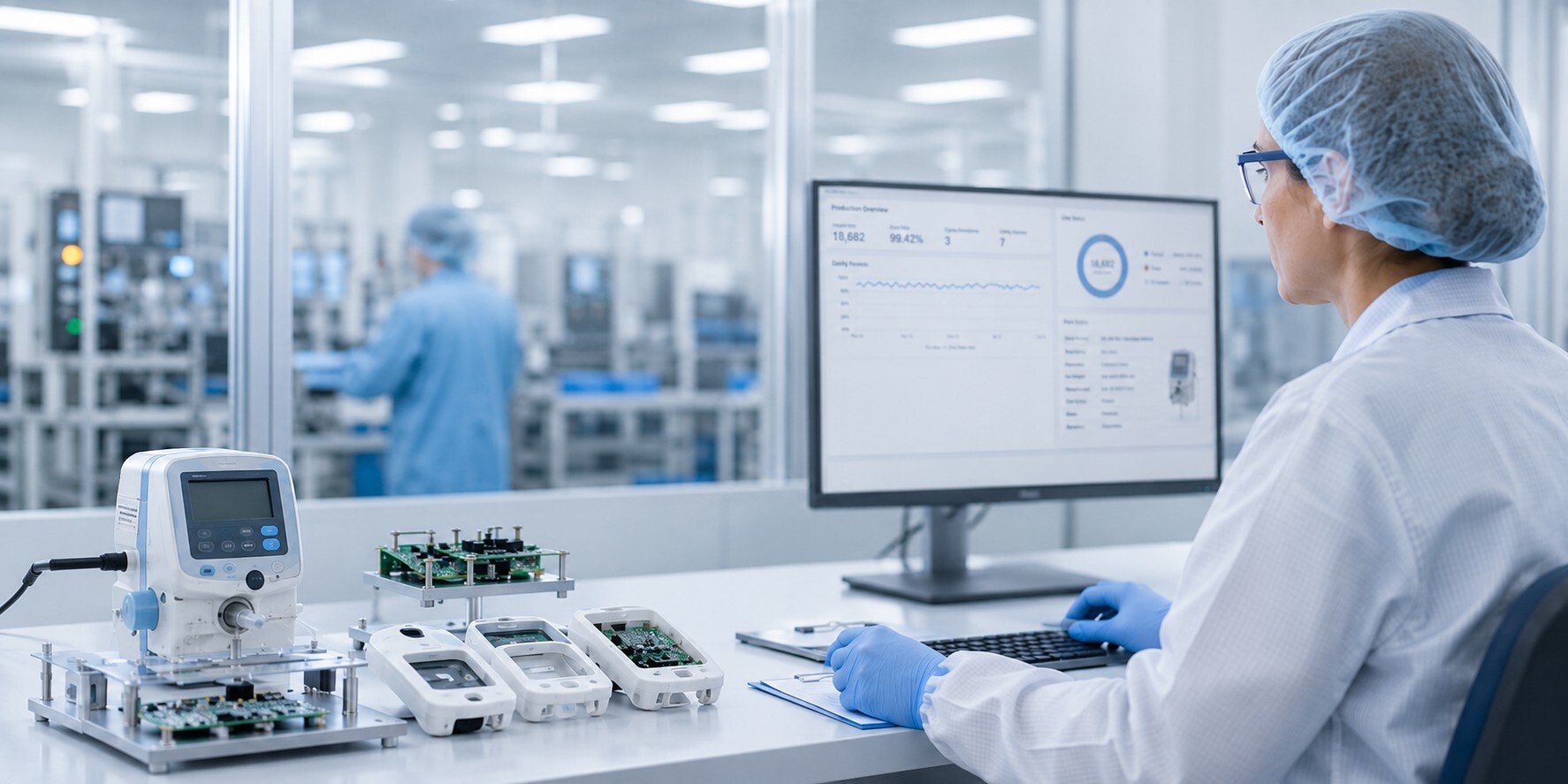 Quality engineer reviewing medical device assemblies and PCBAs in a cleanroom manufacturing quality-control setting.