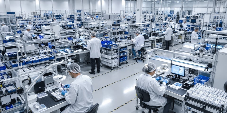 Elevated view of a medical device manufacturing facility with technicians assembling and testing products across multiple production workstations.