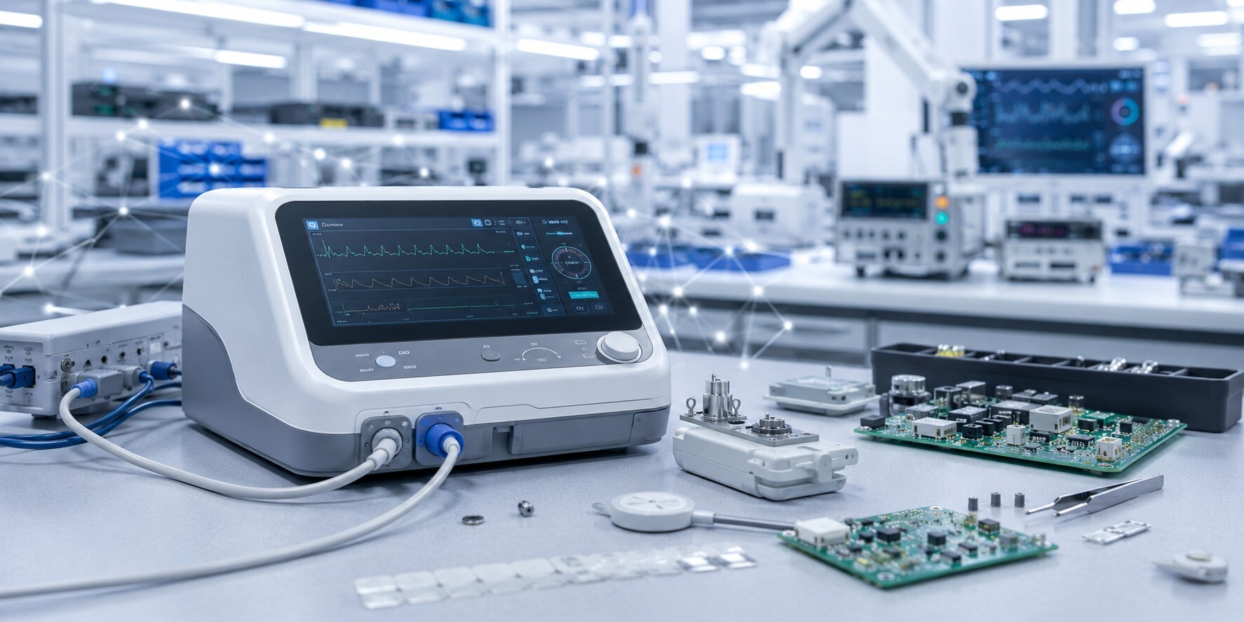 Technician testing a connected medical device during regulated medical device contract manufacturing.