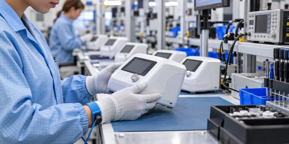 Technician inspecting a finished medical device with matching units arranged along an organized assembly line.